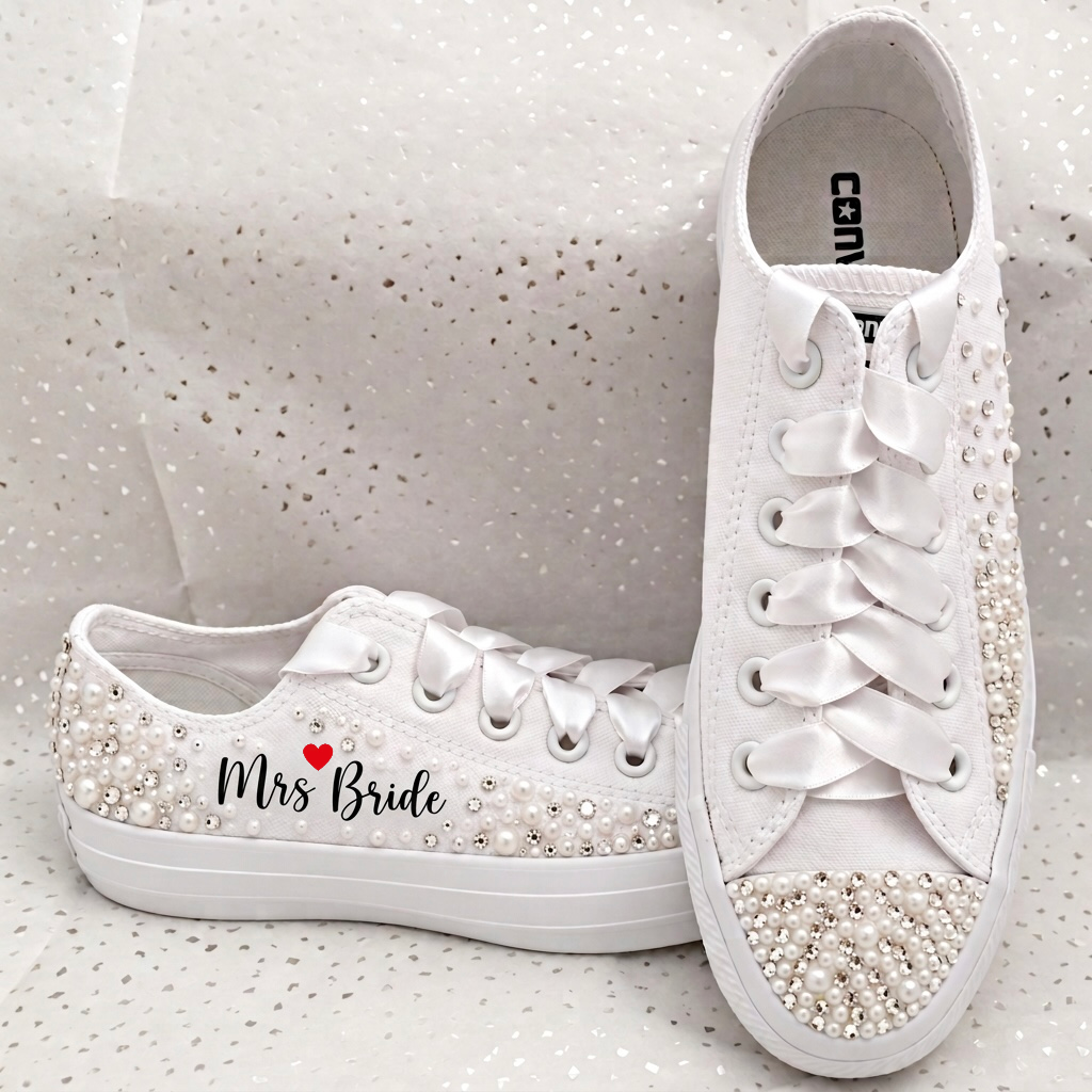 Custom Mono White Converse | Pearl & Crystal Personalised Bridal Trainers