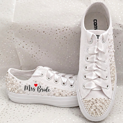 Custom Mono White Converse | Pearl & Crystal Personalised Bridal Trainers