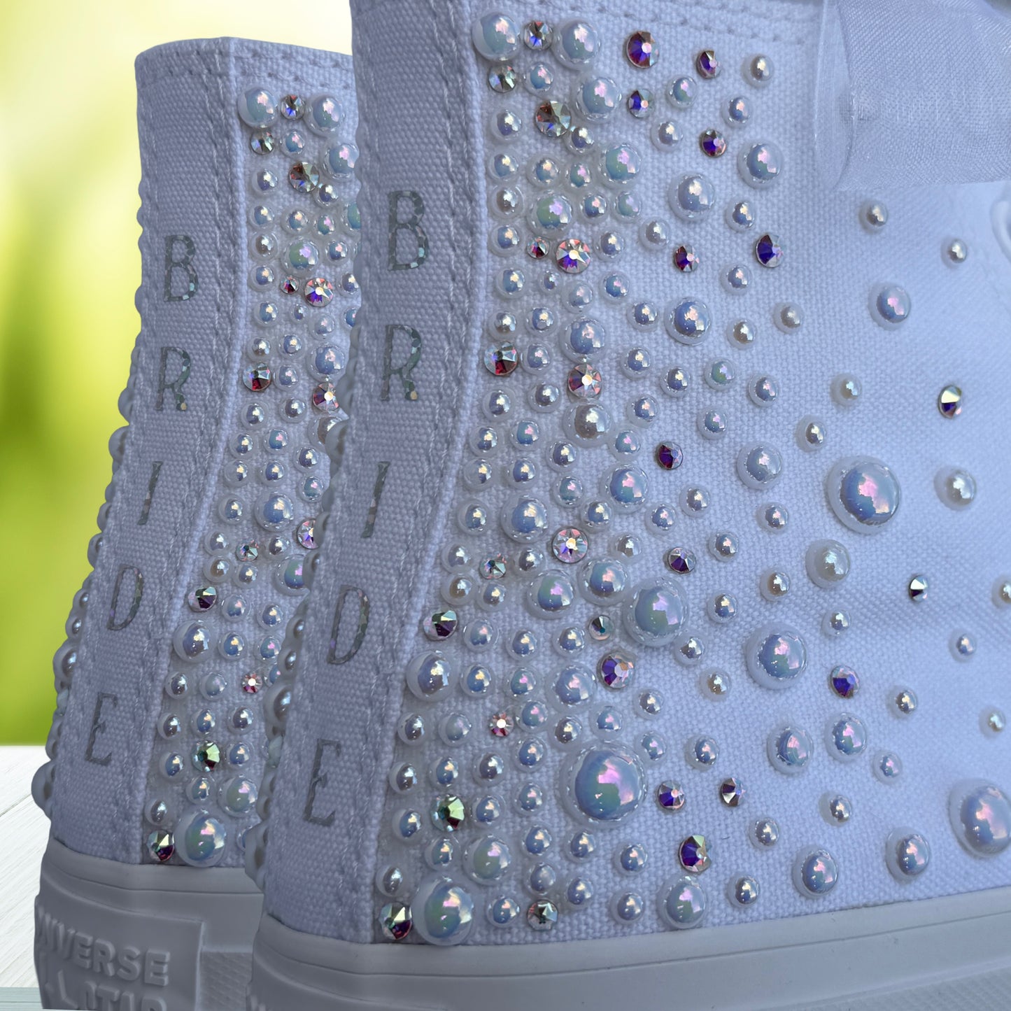 Custom Converse White Luxury Pearl Sparkle Hi-Top Bridal Trainers