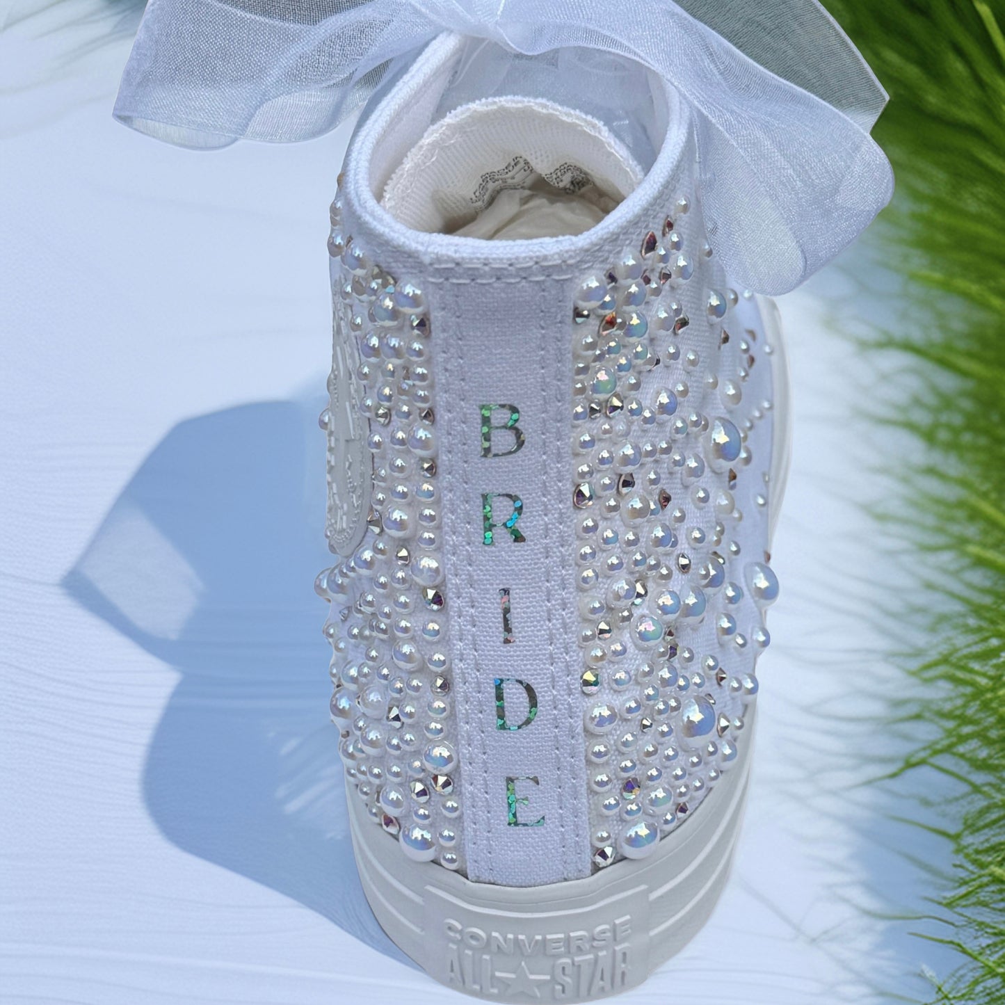 Custom Converse White Luxury Pearl Sparkle Hi-Top Bridal Trainers