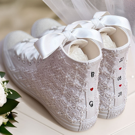 Custom Converse White Luxury Lace & Pearl Hi-Top Bridal Trainers