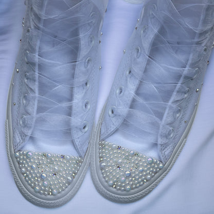 Custom Converse White Luxury Pearl Sparkle Hi-Top Bridal Trainers