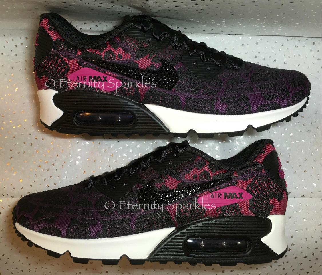 Custom Nike Air Max 90 Pink, Black Jacquard Luxury Crystal Sparkle Ladies Trainers