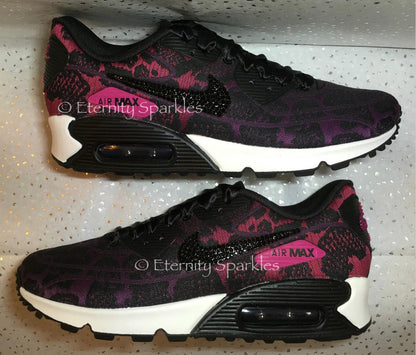 Custom Nike Air Max 90 Pink, Black Jacquard Luxury Crystal Sparkle Ladies Trainers