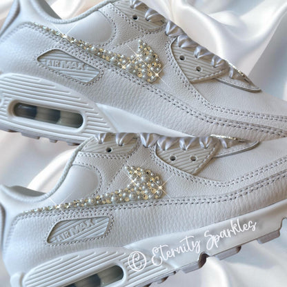 Custom Nike Air Max 90 White Personalised Luxury Pearl & Crystal Sparkle Bridal Trainers