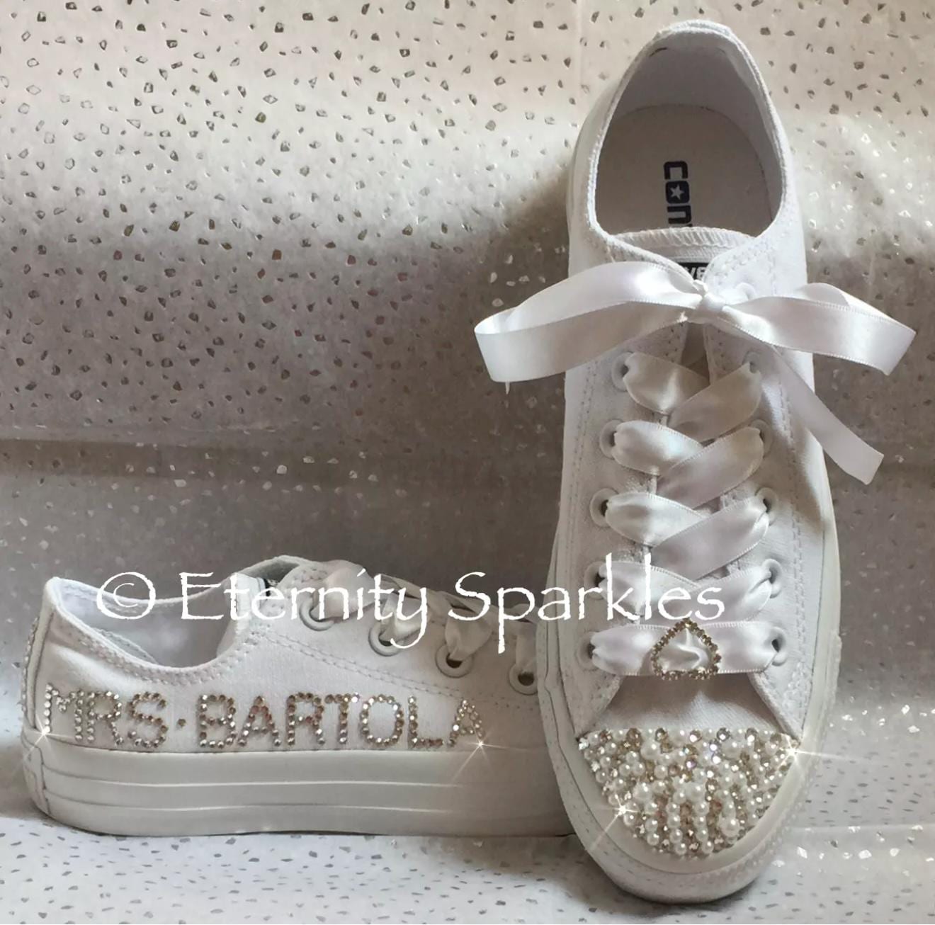 Custom Converse Mono White Personalised Luxury Pearl & Crystal Sparkle Bridal Trainers Sneakers