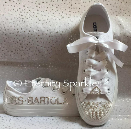 Custom Converse Mono White Personalised Luxury Pearl & Crystal Sparkle Bridal Trainers Sneakers