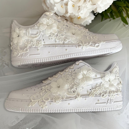 Custom Nike Air Force 1 AF1 White Personalised Luxury Lace Bridal Trainers