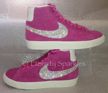 Custom Nike Blazer Hot Pink Suede Luxury Crystal Sparkle Ladies Girls Mid Top Trainers