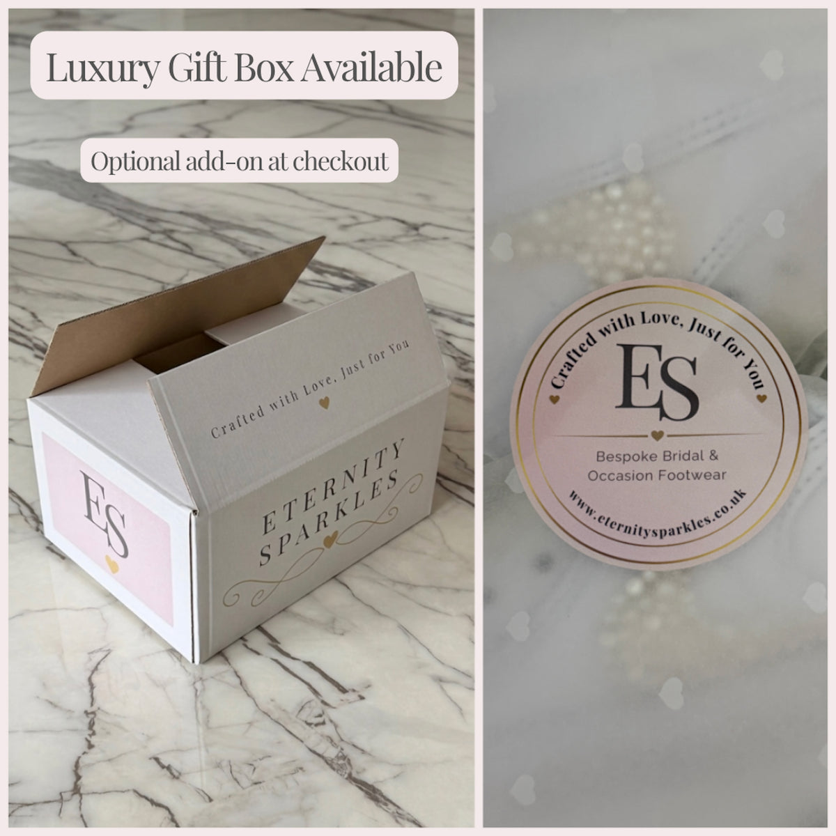 Eternity Sparkles branded gift box and tissue wrapping with a round logo sticker. Luxury gift box available as an optional add-on at checkout.