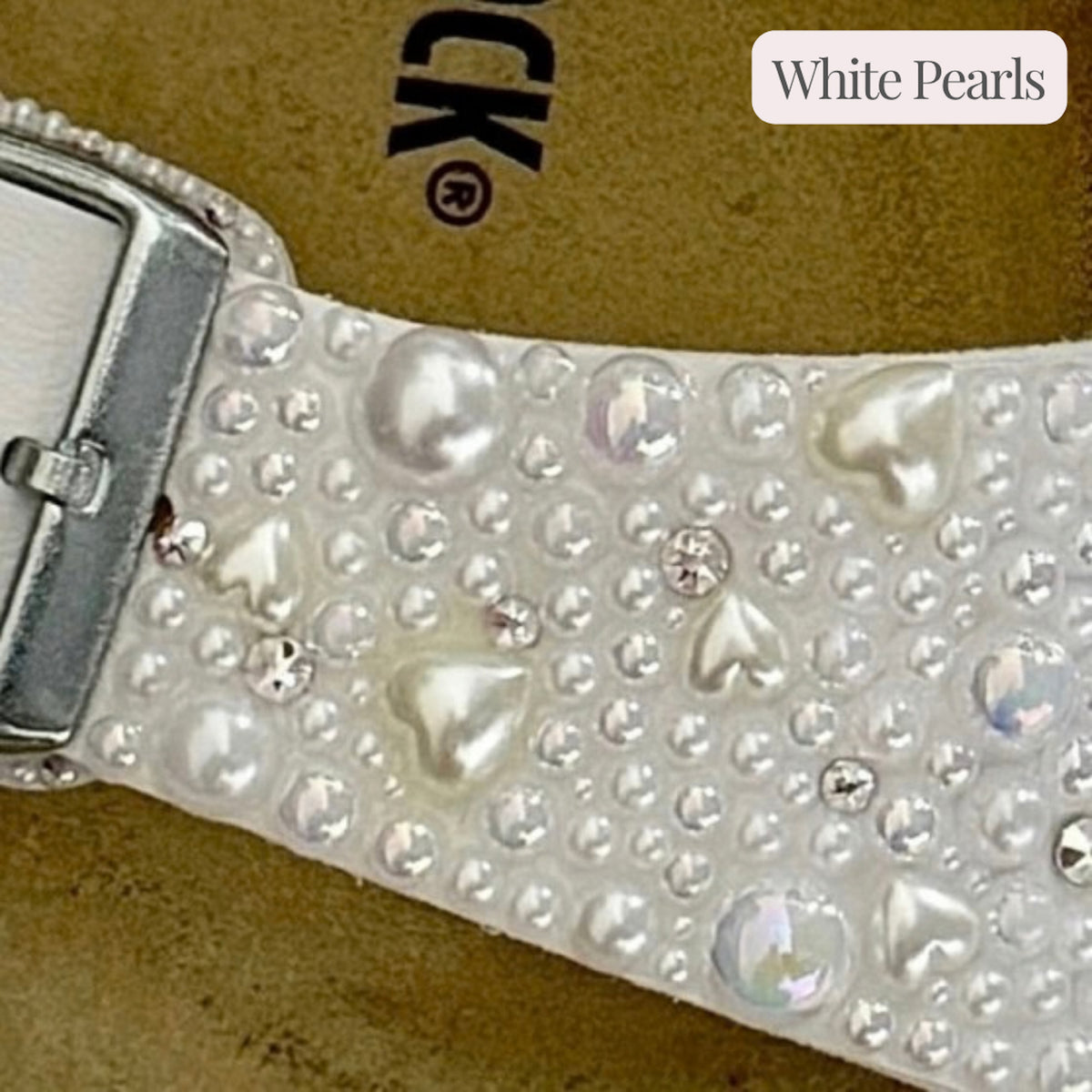 White pearl option on a custom Birkenstock Madrid bridal sandal with delicate heart and crystal accents.