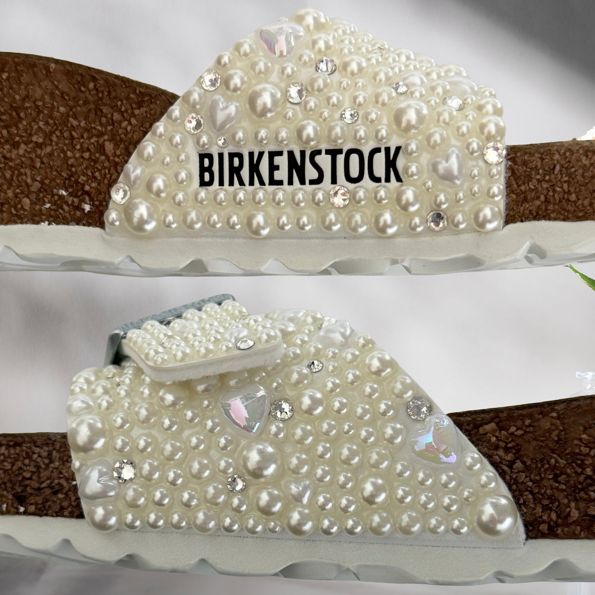 Overhead view of custom Birkenstock Madrid bridal sandals with ivory pearls and delicate heart and crystal accents.