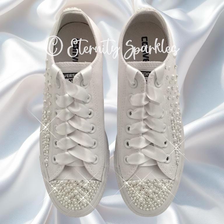 Custom Converse Mono White Luxury Pearl & Crystal Starburst Sparkle Bridal Trainers