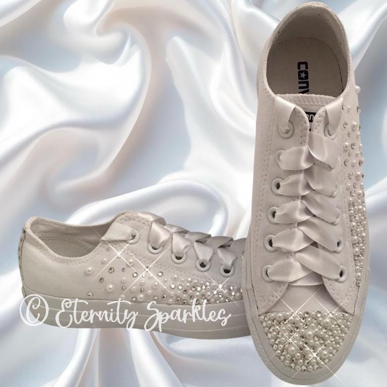Custom Converse Mono White Luxury Pearl & Crystal Starburst Sparkle Bridal Trainers