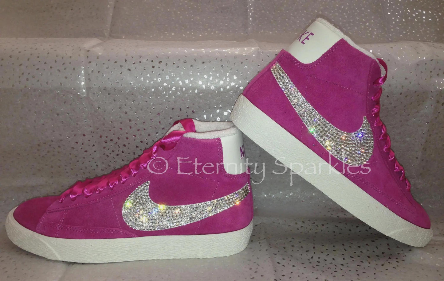 Custom Nike Blazer Hot Pink Suede Luxury Crystal Sparkle Ladies Girls Mid Top Trainers