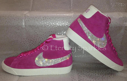 Custom Nike Blazer Hot Pink Suede Luxury Crystal Sparkle Ladies Girls Mid Top Trainers