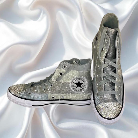 Custom Converse Silver Glitter Luxury Crystal Sparkle Hi Top Trainers