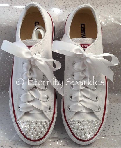Custom Converse White Luxury Pearl & Crystal Sparkle Bridal Trainers