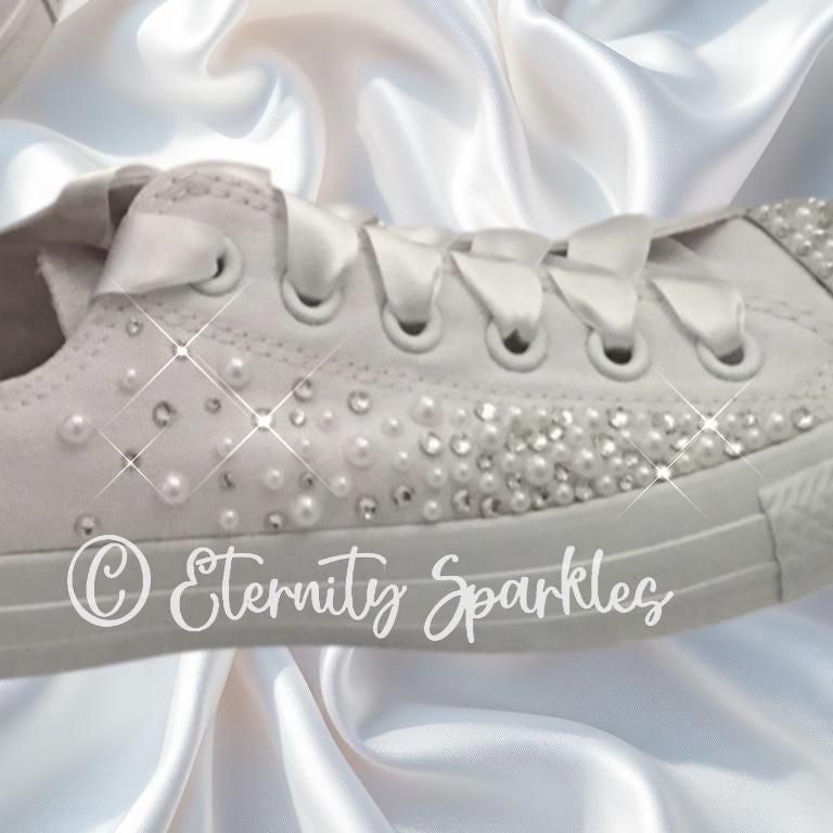 Custom Converse Mono White Luxury Pearl & Crystal Starburst Sparkle Bridal Trainers