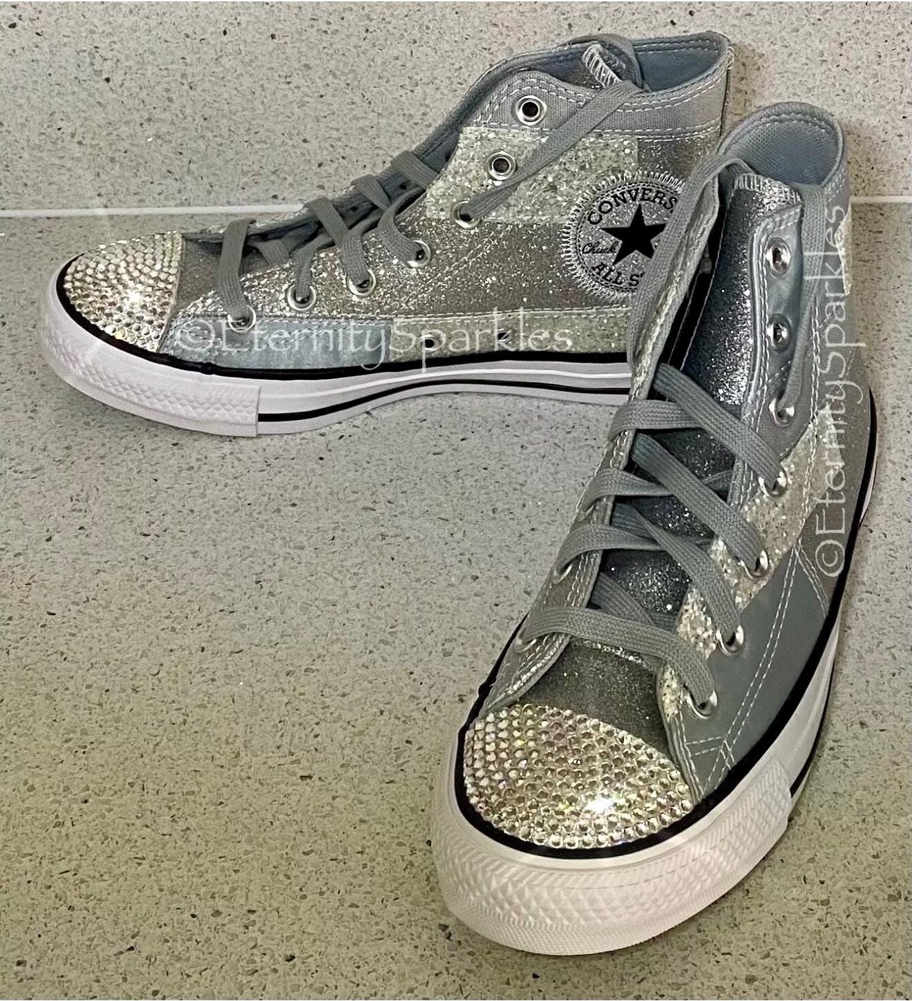 Custom Converse Silver Glitter Luxury Crystal Sparkle Hi Top Trainers