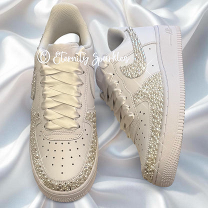 Custom Nike Air Force 1 AF1 White Personalised Luxury Pearl & Crystal Sparkle Bridal Trainers