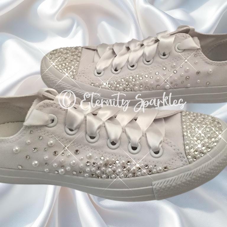 Custom Converse Mono White Luxury Pearl & Crystal Starburst Sparkle Bridal Trainers