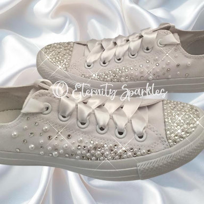 Custom Converse Mono White Luxury Pearl & Crystal Starburst Sparkle Bridal Trainers