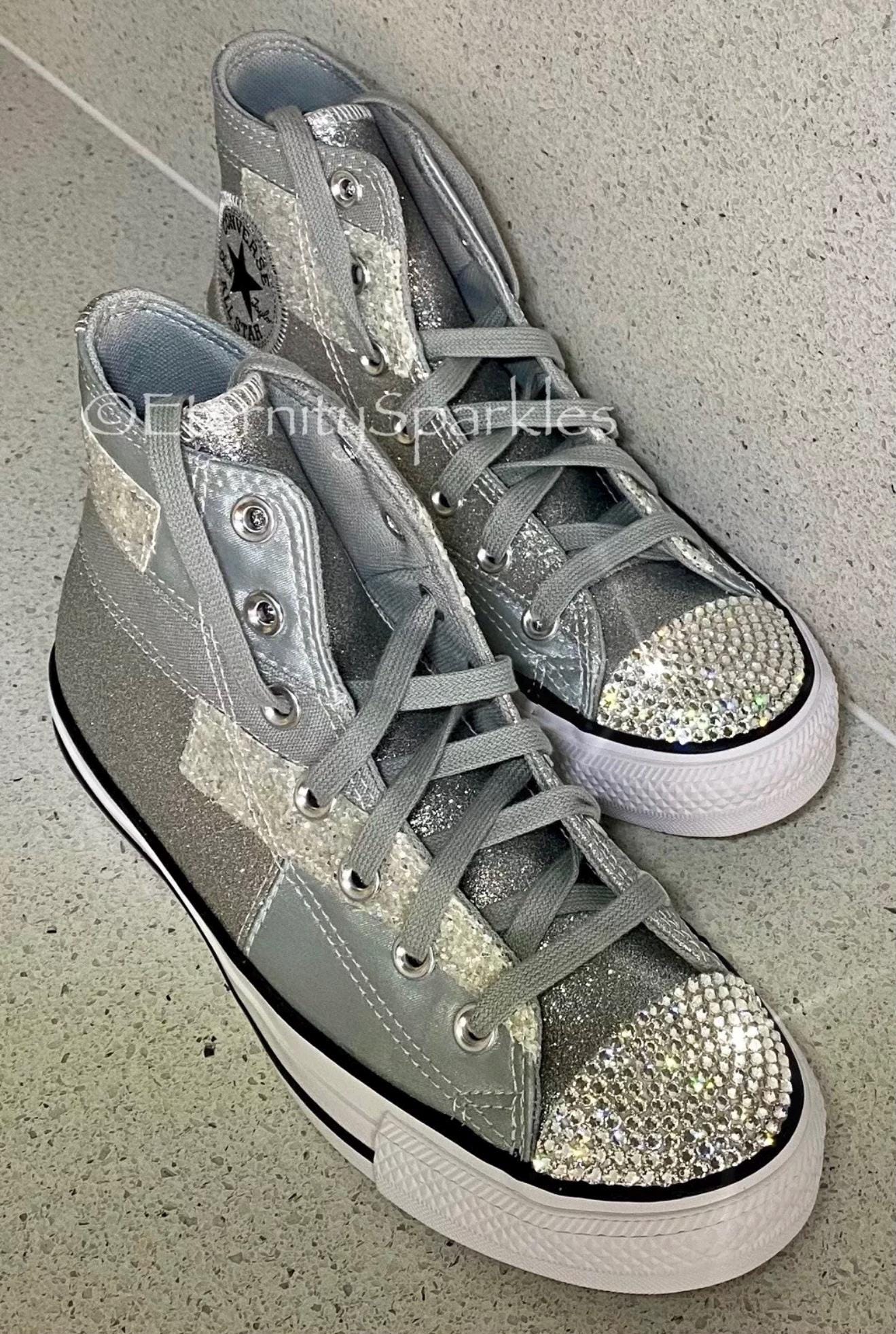 Custom Converse Silver Glitter Luxury Crystal Sparkle Hi Top Trainers