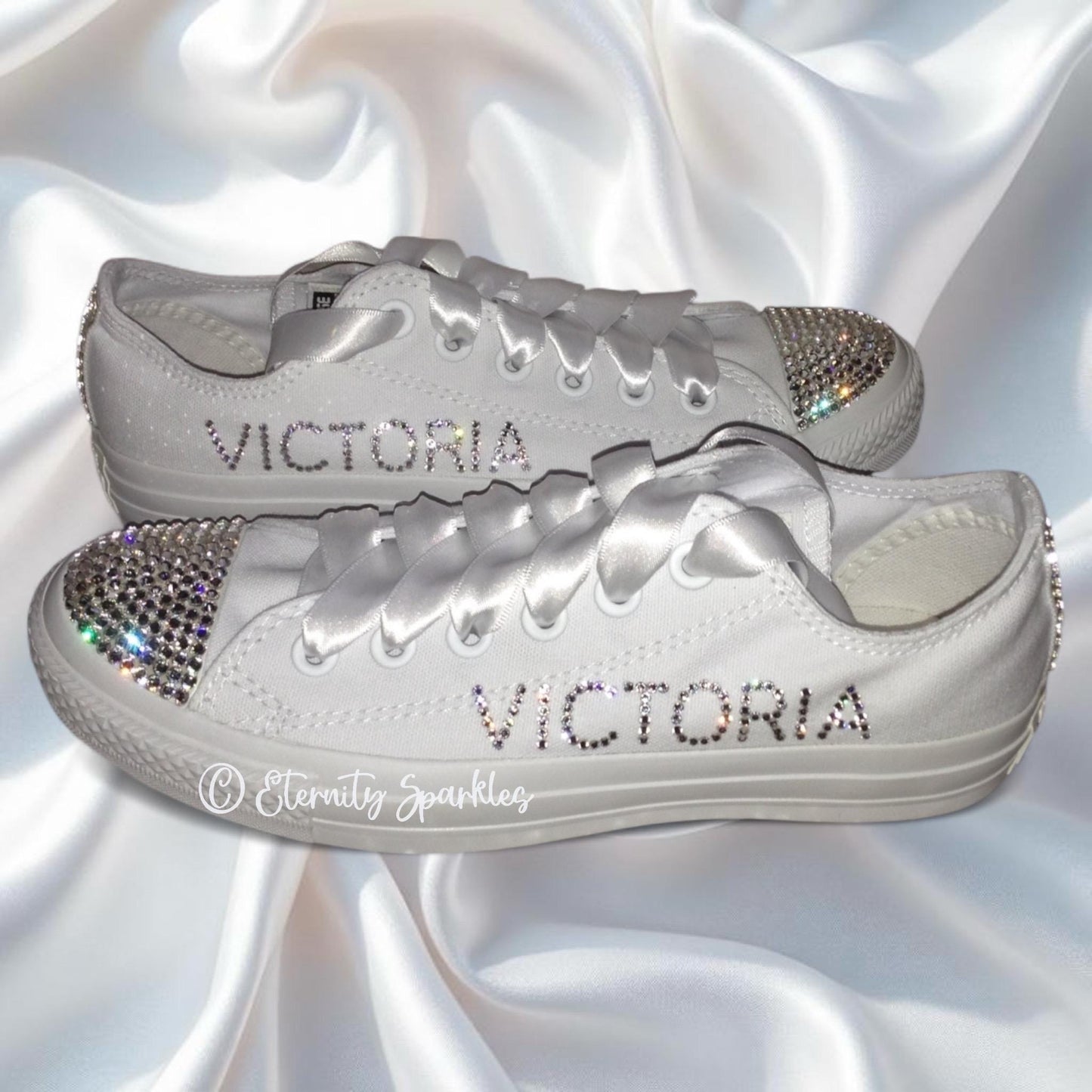 Custom Converse Mono White Personalised Luxury Crystal Sparkle Bridal Trainers
