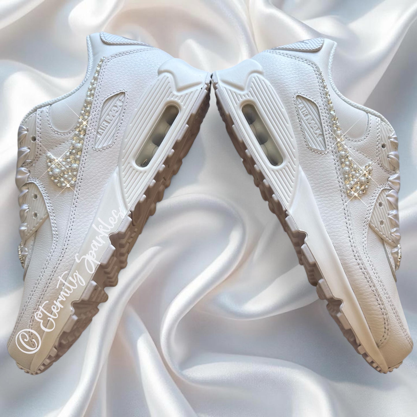 Custom Nike Air Max 90 White Personalised Luxury Pearl & Crystal Sparkle Bridal Trainers