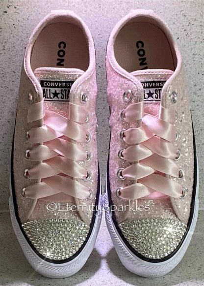 Custom Converse Pale Pink Glitter Luxury Crystal Sparkle Trainers