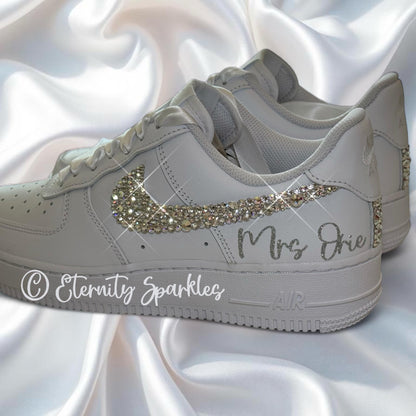Custom Nike Air Force 1 AF1 White Personalised Luxury Crystal Sparkle Bridal Trainers