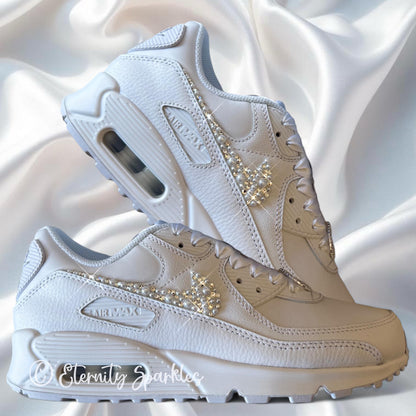 Custom Nike Air Max 90 White Personalised Luxury Pearl & Crystal Sparkle Bridal Trainers