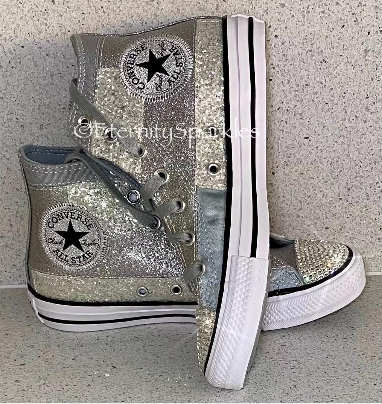 Custom Converse Silver Glitter Luxury Crystal Sparkle Hi Top Trainers