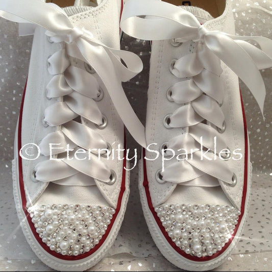 Custom Converse White Luxury Pearl & Crystal Sparkle Bridal Trainers