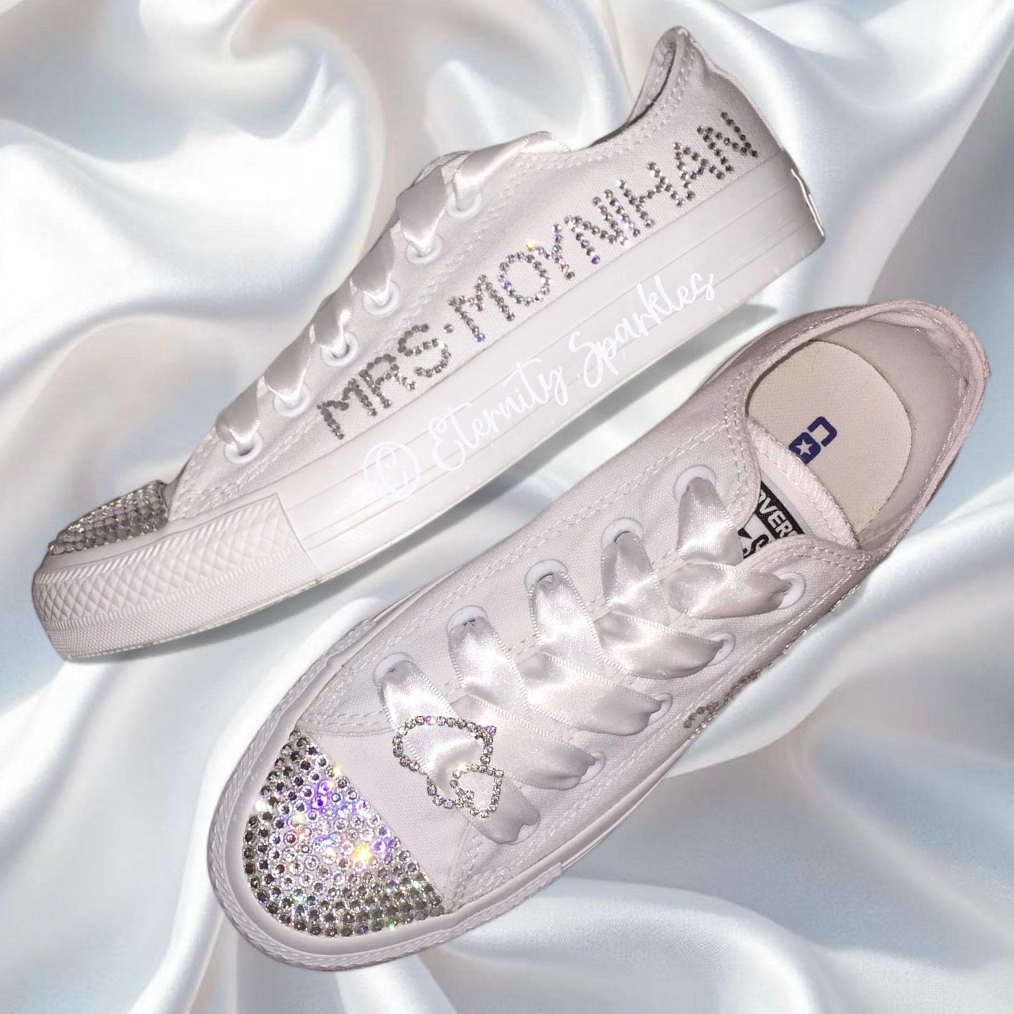 Custom Converse Mono White Personalised Luxury Crystal Sparkle Bridal Trainers
