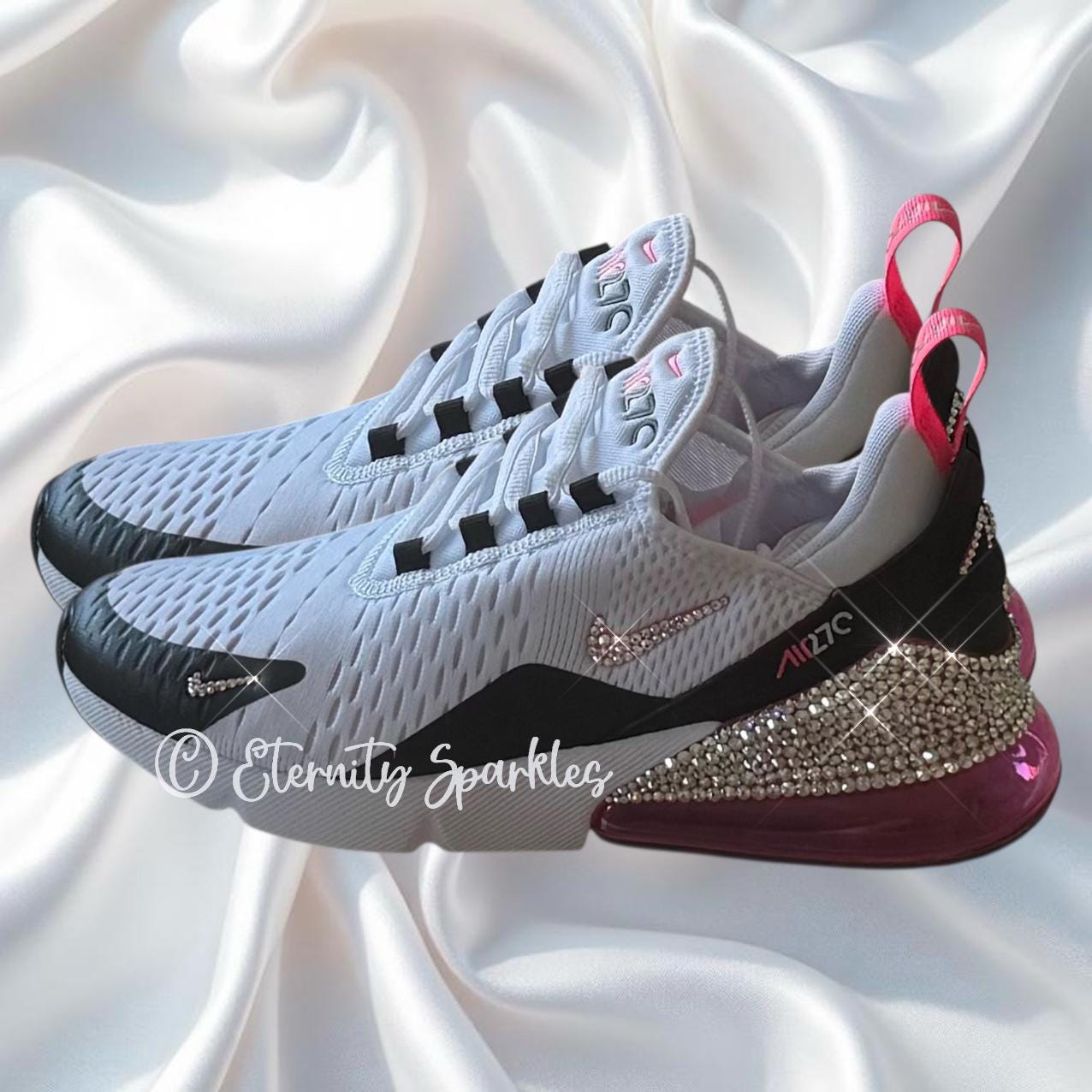 Custom Nike Air Max 270 White, Pink, Black Luxury Crystal Sparkle Trainers