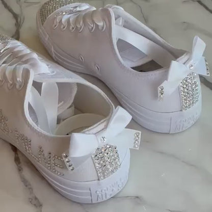 Custom Converse Mono White Personalised Luxury Crystal Sparkle Bridal Trainers