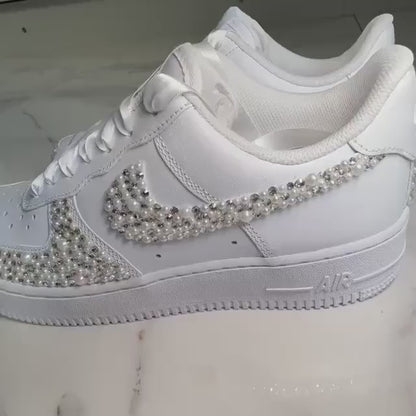 Custom Nike Air Force 1 AF1 White Personalised Luxury Pearl & Crystal Sparkle Bridal Trainers